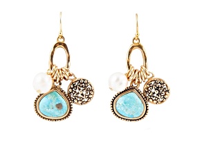 Barse Jewelry Blue Composite Turquoise & White Pearl Charm Gold Tone Charm Earrings