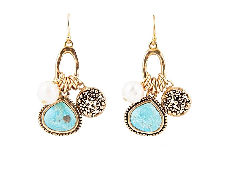 Barse Jewelry Blue Composite Turquoise & White Pearl Charm Gold Tone Charm Earrings