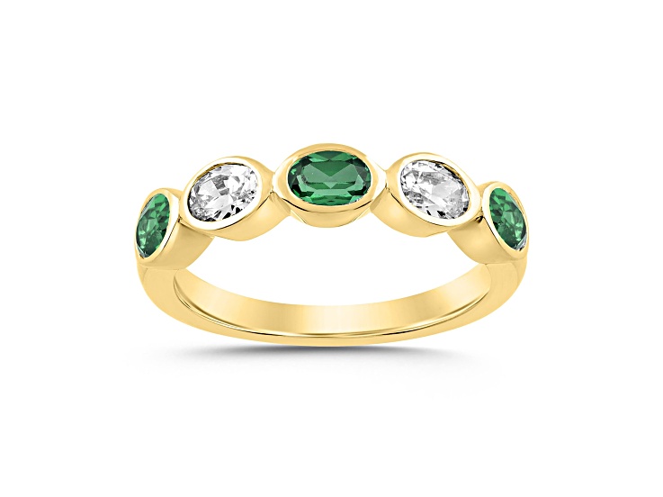 10K Yellow Gold 0.40CTW Oval Lab Created Emerald and Lab-Grown White Diamond Band Ring