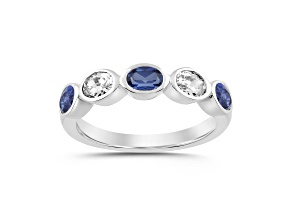 10K White Gold 0.40CTW Oval Lab Created Blue Sapphire and Lab-Grown White Diamond Band Ring