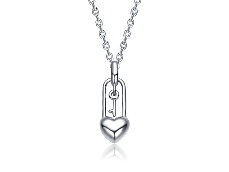 Rhodium Plated over Brass Heart Lock and Key Pendant Necklace for Kids
