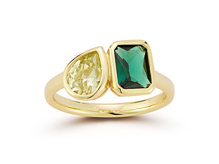 Rachel Zoe 14K Yellow Gold Over Sterling Silver 2-Stone Yellow and Green Cubic Zirconia Ring
