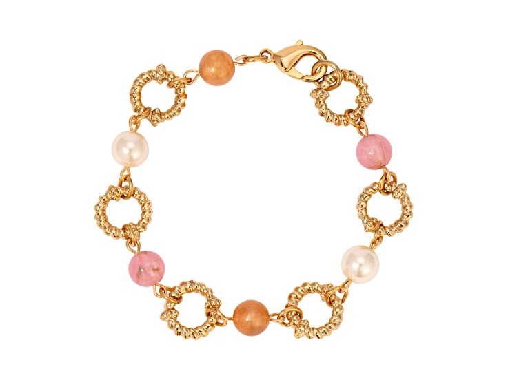 Gold Tone Multi Color Faux Pearl Round Link Bracelet