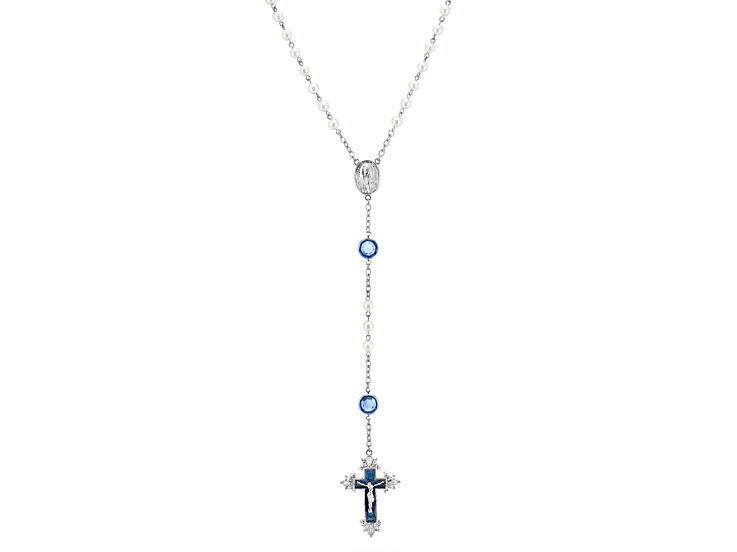 Symbols Of Faith Silver Tone Base Metal Simulated Pearl Blue Crystal and Blue Enamel Rosary