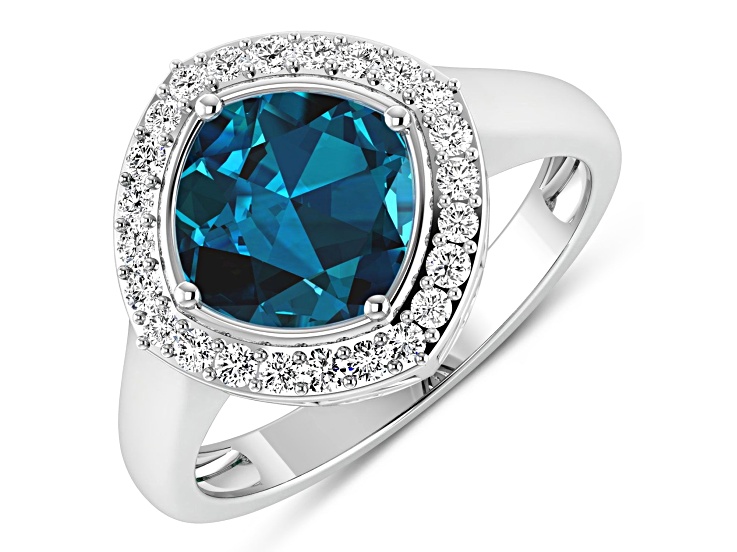 Cushion Cut London Blue Topaz and White Diamond 14K White Gold Halo Ring 2.39 ctw