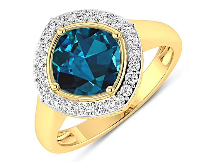 Cushion Cut London Blue Topaz and White Diamond 14K Yellow Gold Halo Ring 2.39 ctw