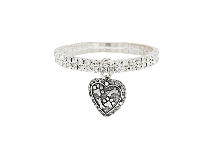 1928 Jewelry Crystal Stretch Bracelet with Paw and Bones Heart Charm