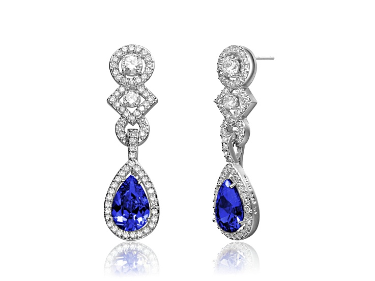 Sapphire Blue and Clear Cubic Zirconia, Rhodium Plated over Sterling Silver Dangle Earrings