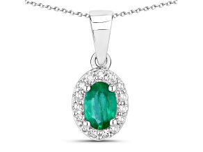 Zambian Emerald and Lab Grown Diamond Rhodium Over Silver Halo Pendant with Chain 0.59ctw