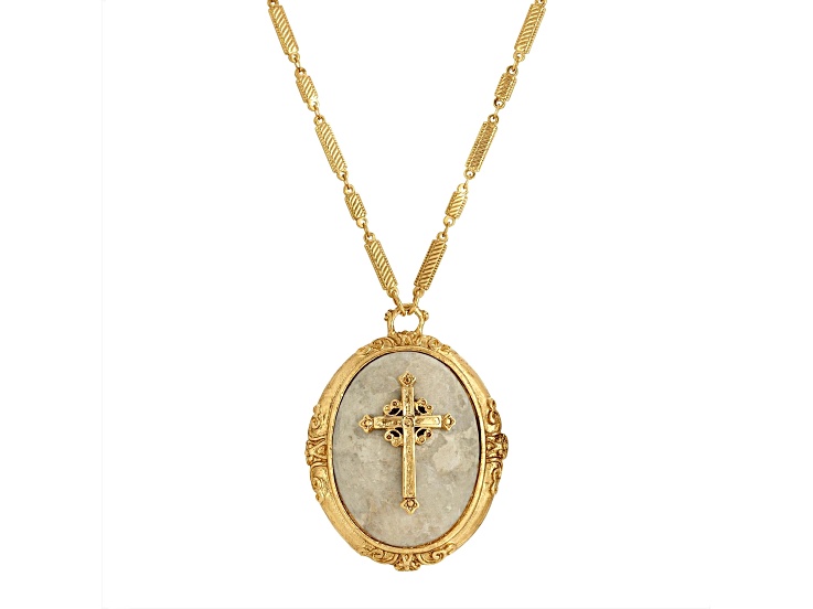 Symbols Of Faith Gold Tone Brass Oval Resin Cross Pendant Neckace 30 Inch
