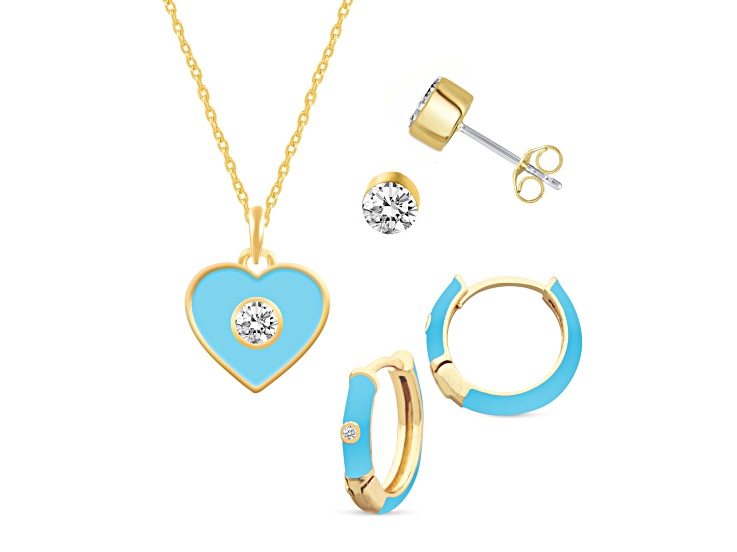 White Crystal and Blue Enamel Brass Jewelry Set- Huggies, Studs, Pendant w/17 Inch Chain+ 2 in Ext