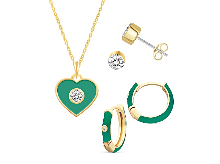 White Crystal and Green Enamel Brass Jewelry Set- Huggies, Studs, Pendant w/17 Inch Chain+ 2 in Ext