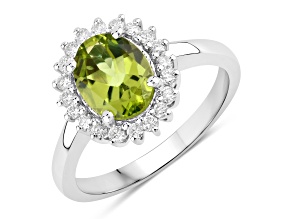 Olive Green Peridot and Lab Grown Diamond Rhodium Over Silver Ring 0.92ctw