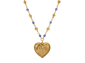 Yellow Base Metal Heart Locket Blue Beaded Chain Necklace 18"