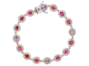 Red Ruby Rhodium And 24k Yellow Gold Over Palladium Sterling Silver Link Bracelet 2.96ctw