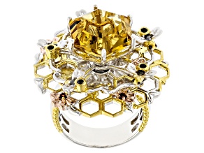 Honey Citrine Rhodium & 24K Gold Over Palladium Sterling Silver Spinner Honeybee Ring 10.37ctw