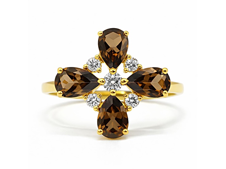 Smoky Quartz and White Topaz 14K Yellow Gold Over Sterling Silver Ring