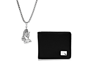 Black Leather and Stainless Steel Serenity Prayer Wallet and Prayer Hands Pendant Set