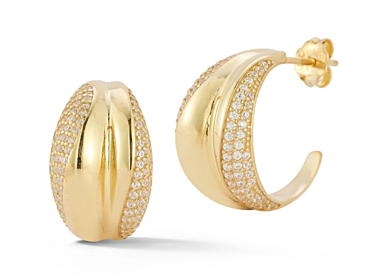 Sterling Statements 14K Yellow Gold Over Sterling Silver Half Pave Bold Concave Hoop Earrings
