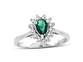 0.53ctw Pear Shaped Emerald and Diamond Ring in 14k White Gold