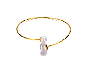 Sterling Silver 14K Gold Plated with White Freshwater Pearl Open Bangle Bracelet