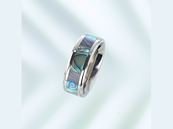 KAUI Titanium Polished Finish Mother Of Pearl Inlaid Men's Beveled Wedding Band- 8mm