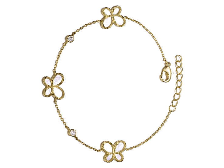 White Mother of Pearl, 14K Gold Plated over Sterling Silver Dainty Butterfly Link Bracelet