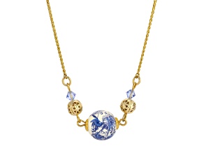 Yellow Base Metal Round Blue Willow Bead Crystal Necklace 16 inch