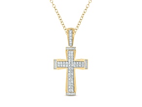 Diamond Double Row Art Deco Cross 14K Yellow Gold Over Sterling Silver Pendant With Chain 0.10ctw