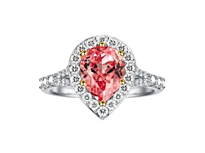 Lab-Grown Diamond and Created Padparadscha Sapphire Rhodium Over Sterling Silver Halo Ring 3.45Ctw