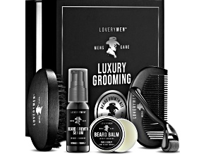 LoveryMEN Ultimate Beard Care Set with Serum, Balm, Derma Roller, Comb, Brush 5pc