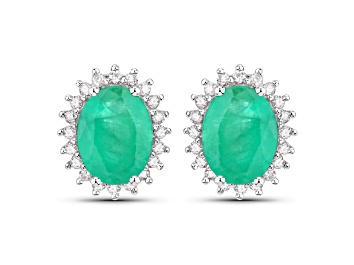 Picture of Green Zambian Emerald and White Diamond 10K White Gold Oval Halo Stud Earrings 2.66ctw