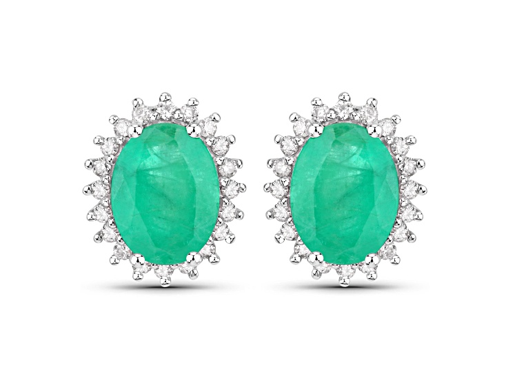 Green Zambian Emerald and White Diamond 10K White Gold Oval Halo Stud Earrings 2.66ctw