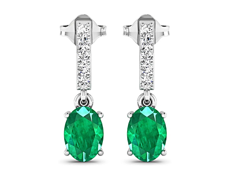 1.12ctw 14K White Gold Zambian Green Emerald and White Diamond Halo Earrings