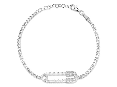 Sterling Statements Rhodium Over Sterling Silver Cubic Zirconia Safety Pin Curb Chain Bracelet