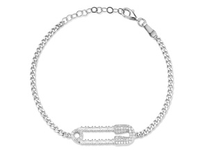 Sterling Statements Rhodium Over Sterling Silver Cubic Zirconia Safety Pin Curb Chain Bracelet