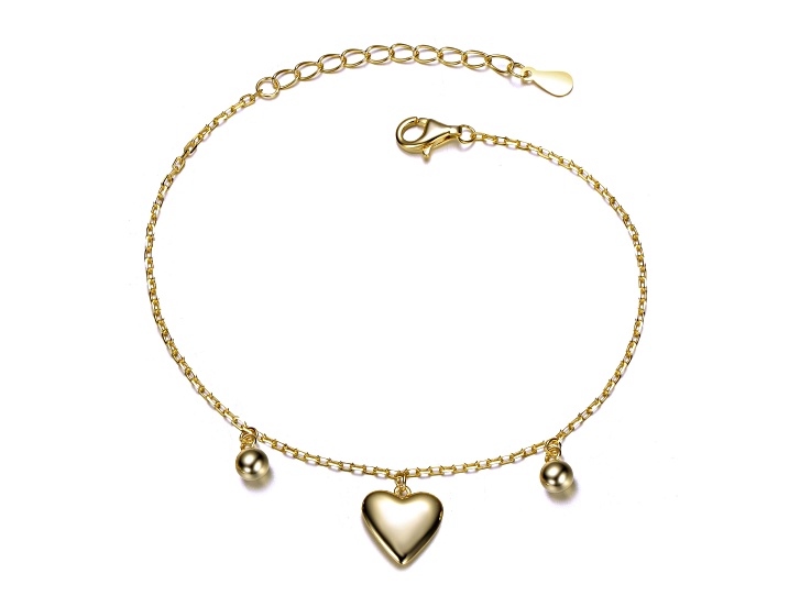 14K Gold Plated over Brass Heart and Bead Charm Bracelet for Kids