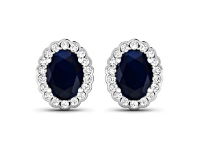 Blue Sapphire and White Diamond 14K White Gold Halo Stud Earrings