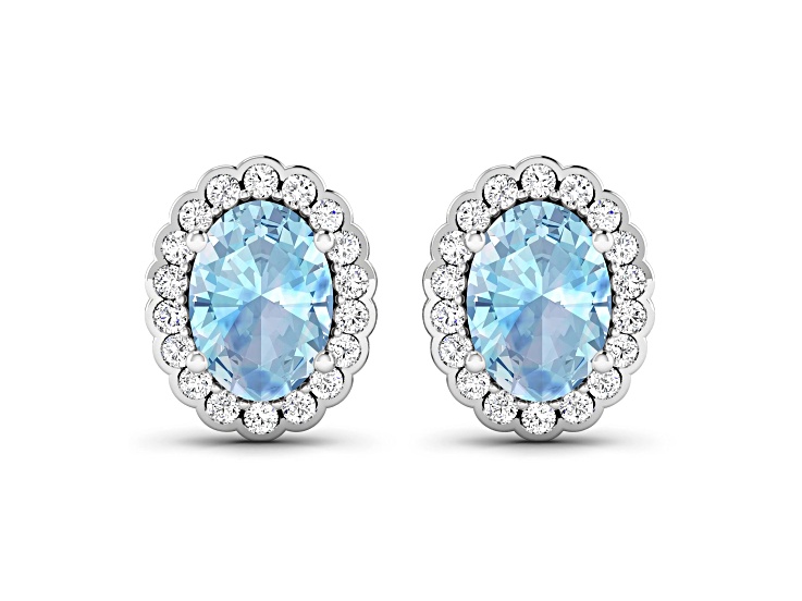 Blue Aquamarine and White Diamond 14K White Gold Halo Stud Earrings