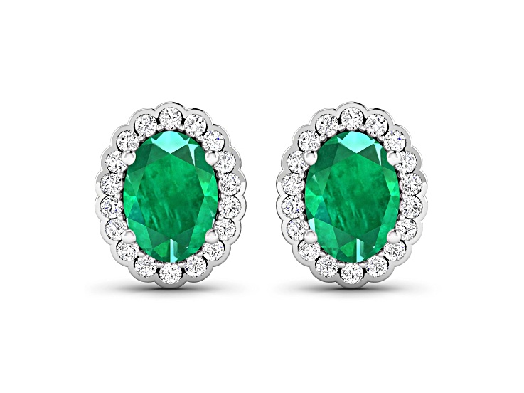 14K White Gold Green Zambian Emerald and Diamond Halo Stud Earrings