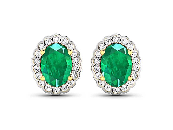 14K Yellow Gold Green Zambian Emerald and White Diamond Halo Stud Earrings