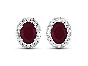 Red Ruby and White Diamond 14K White Gold Halo Stud Earrings
