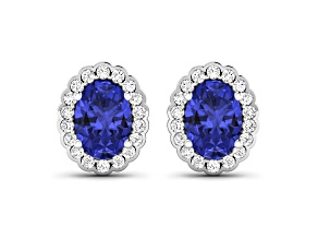 Oval Blue Tanzanite Diamond 14K White Gold Halo Stud Earrings