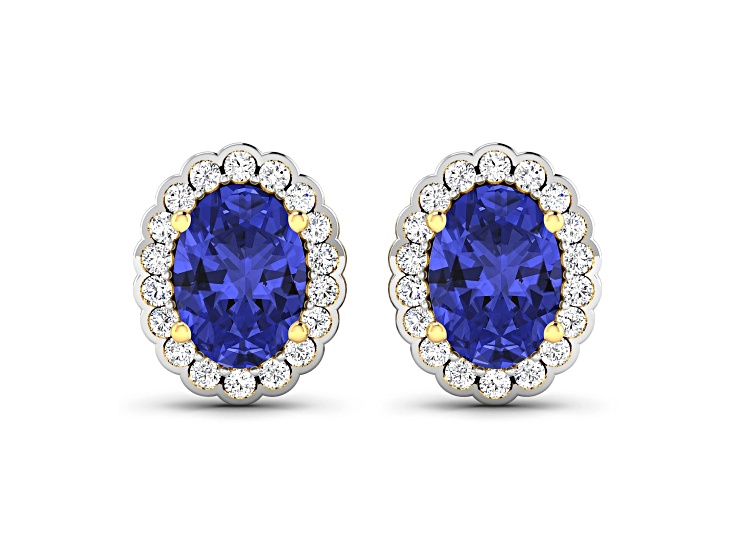 Oval Blue Tanzanite Diamond 14K Yelllow Gold Halo Stud Earrings