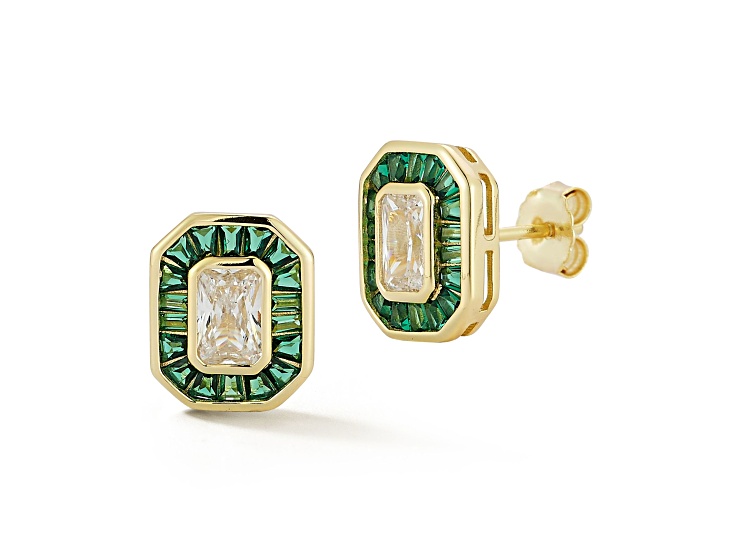 Rachel Zoe 14K Yellow Gold Over Sterling Silver White and Green Cubic Zirconia Stud Earrings