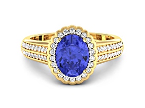 Purple Tanzanite and White Diamond Bridge 14K Yellow Gold Ring