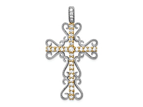 14k Yellow Gold and 14k White Gold Diamond Filigree Cross Pendant