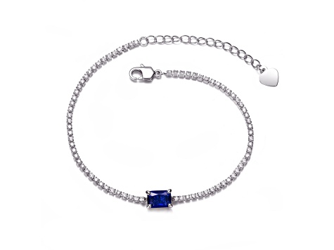 Sapphire Blue Cubic Zirconia, Rhodium Plated over Sterling Silver Bracelet