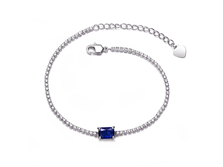 Sapphire Blue Cubic Zirconia, Rhodium Plated over Sterling Silver Bracelet