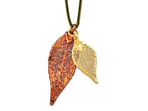 Iridescent Copper and 24k Yellow Gold Dipped Double Evergreen Leaf Necklace